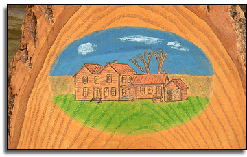 Ink illustration of McClelland farmhouse on oak by Sam Davis.